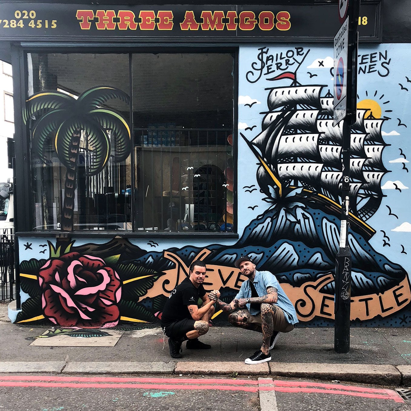 Steen Jones’ tall-ship mural on the Three Amigos shop front, Camden