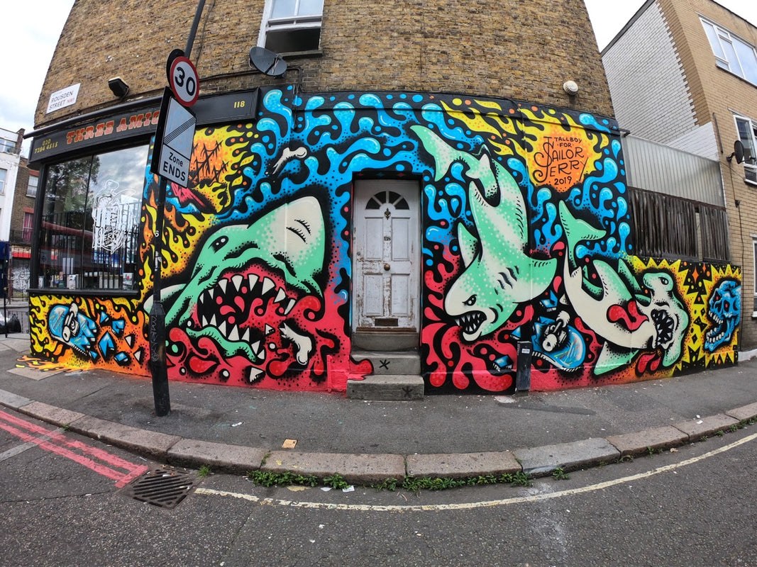 Tallboy’s shark mural on the shop: “Tallboy for Sailor Jerry 2019” by Three Amigos collabs
