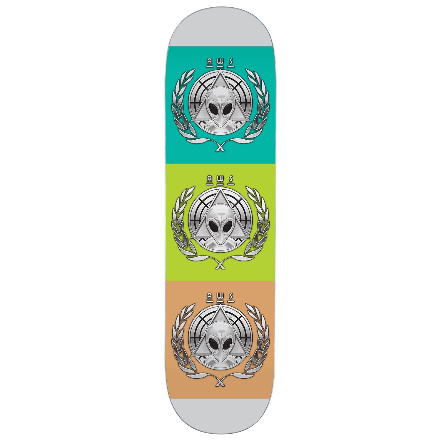 Alien Workshop AWOL - Chrome Foil skateboard deck: Grey deck with three stacked colour blocks of teal, lime green and tan, each holding a chrome-foil alien-head crest in a laurel wreath with a triangle and target rings. AWS is printed above each crest.