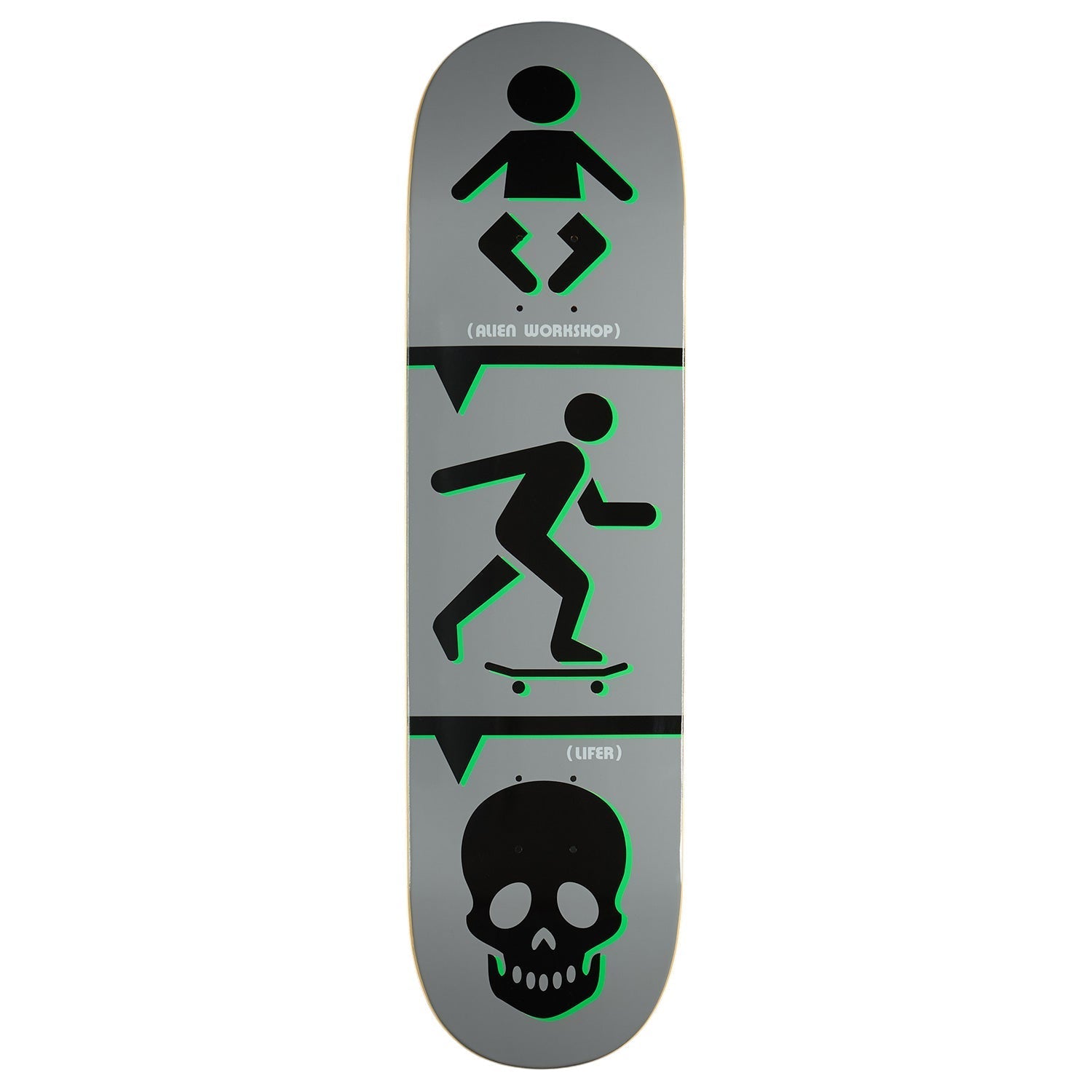 Alien Workshop Lifer - Grey skateboard deck: Three stacked pictogram panels on a grey deck: a baby figure, a person pushing a skateboard, and a skull, divided by black bars with speech-bubble points. Black shapes carry a green offset outline.