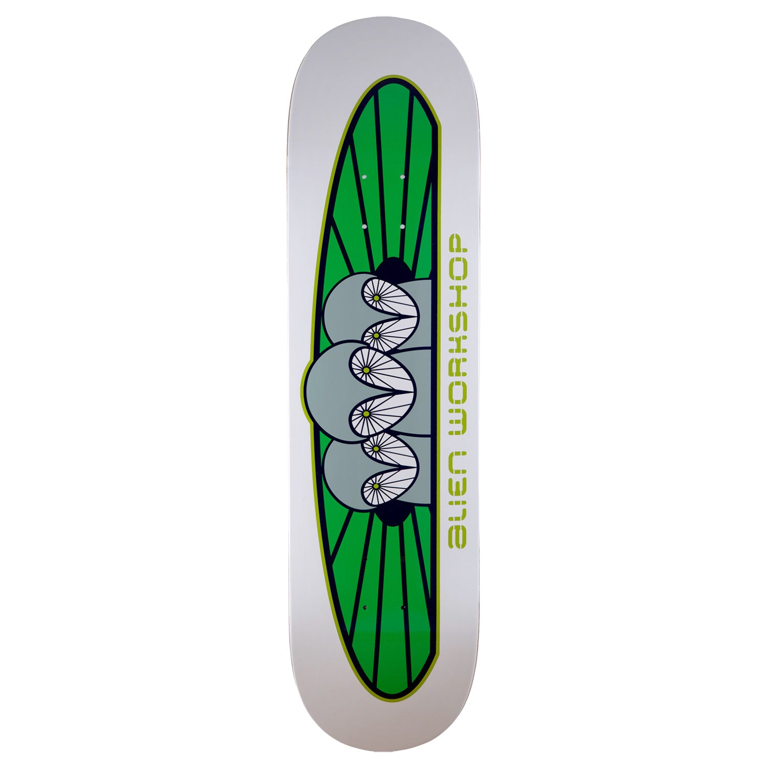 Alien Workshop Owliad skateboard deck: Green elongated oval with radiating black lines holds a stack of grey rounded shapes with white daisy-like spoked centres, on a white deck. Olive Alien Workshop lettering runs vertically along the right.