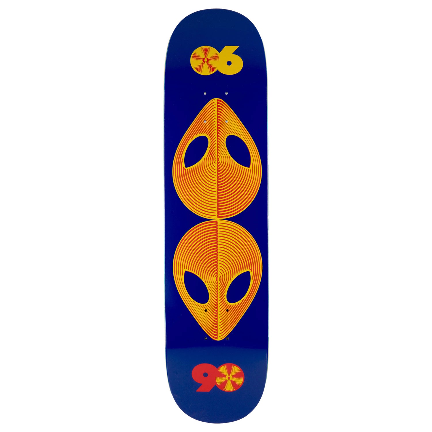 Alien Workshop Scanners Twin Tail skateboard deck: Two alien heads stacked top to bottom, drawn in orange and red concentric lines like vinyl record grooves, on a blue deck. Gold '06' at the top and red '90' at the bottom, each in a record-groove circle.