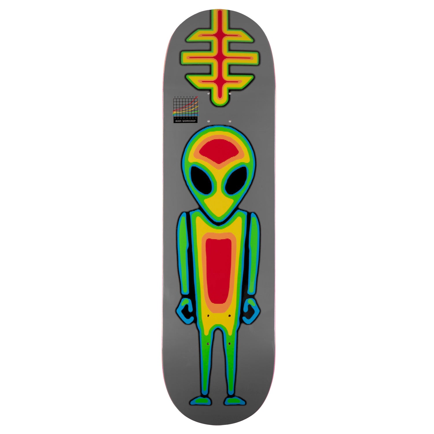 Alien Workshop Thermal Soldier skateboard deck: Standing alien figure rendered as a thermal-camera heat map in red, yellow, green and blue, beneath a similar heat-map version of the Workshop symbol, with a small grid logo, on grey.