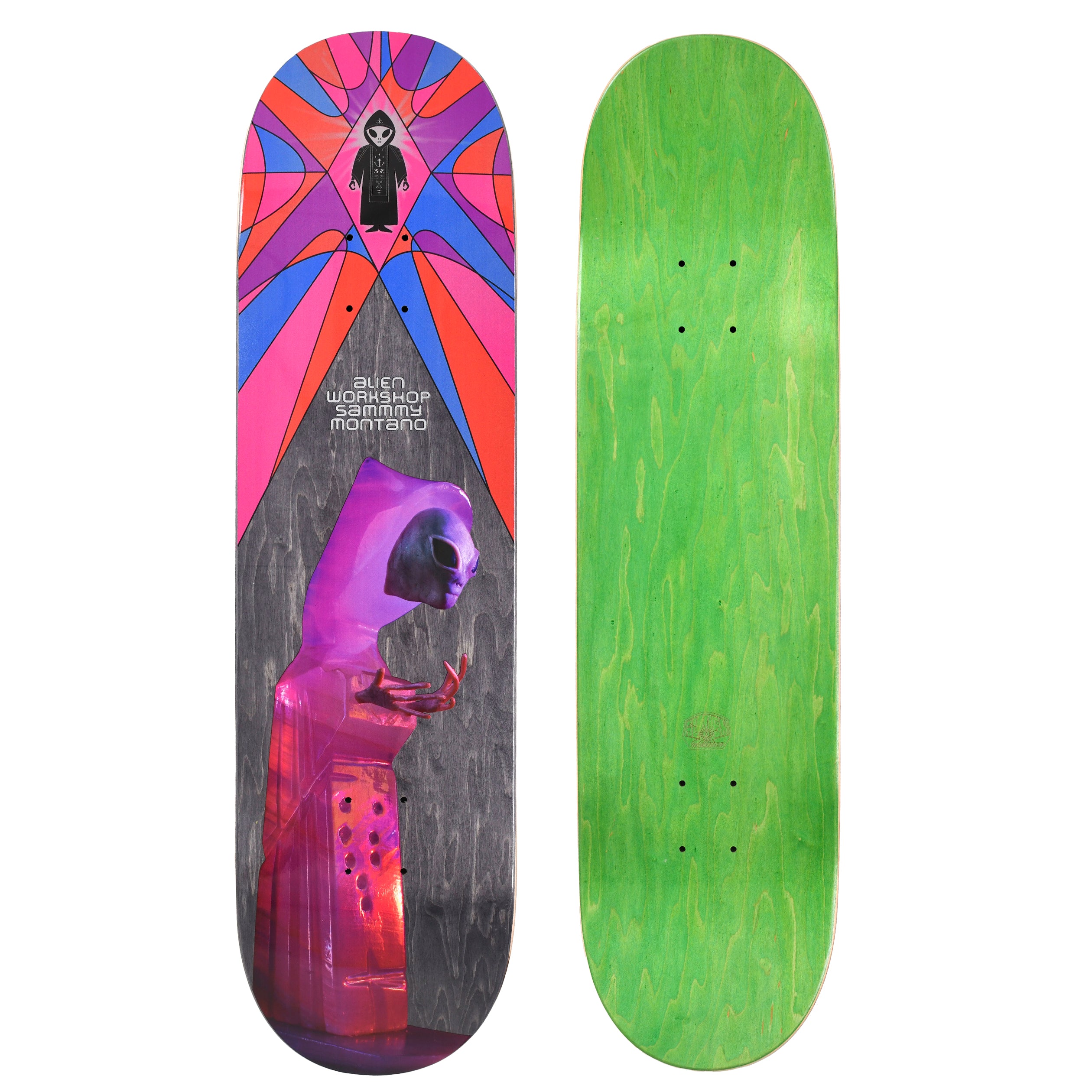 Alien Workshop Montano Crystal Priest skateboard deck: A purple hooded alien figure with raised hands stands on a pink crystalline pedestal against grey stained wood. A radiating pink, orange, blue and purple stained-glass burst fills the top, with a small hooded alien emblem at its centre.