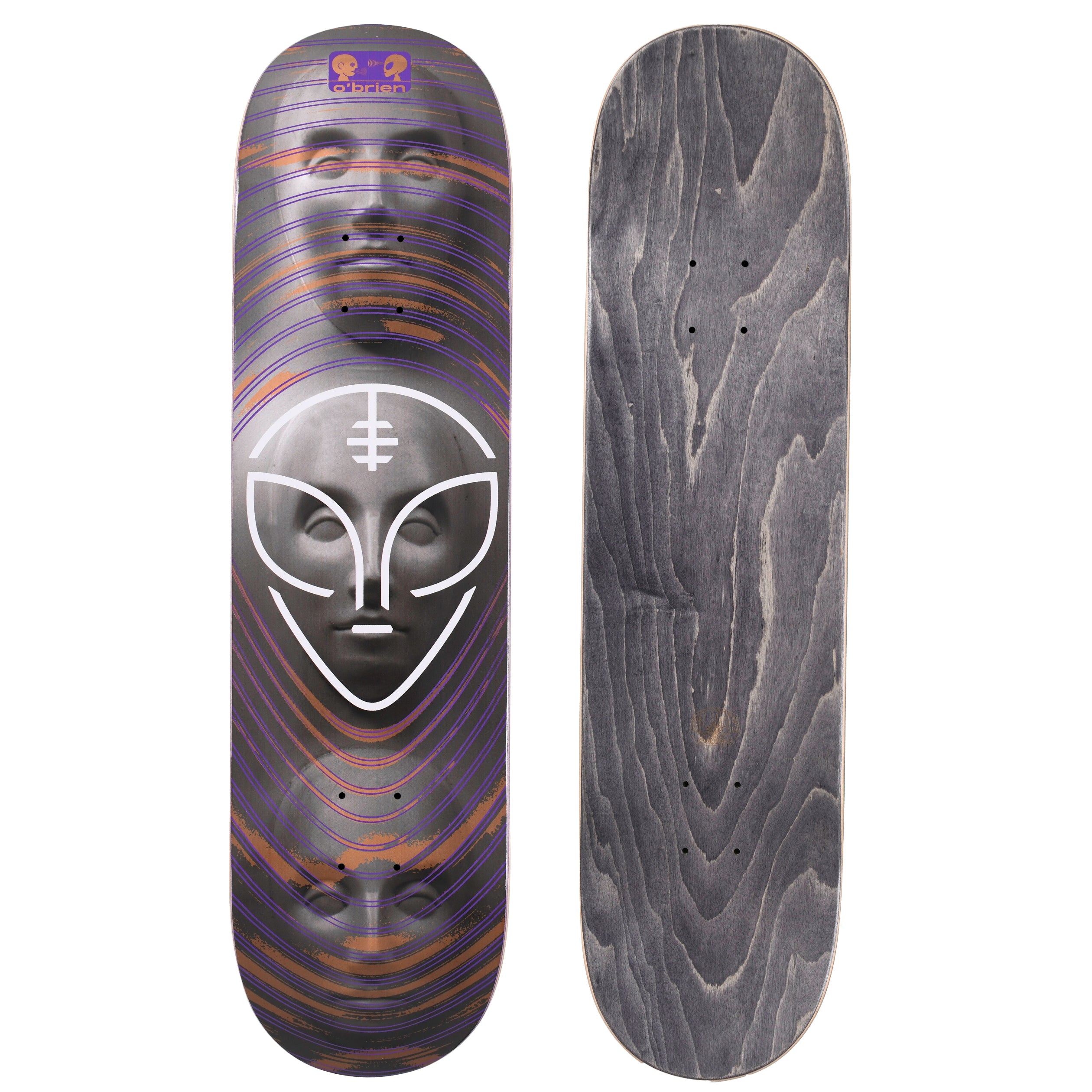 Alien Workshop OBrien Watcher skateboard deck: A grey stone-like face inside a white outlined alien head logo, repeated as fainter faces above and below, surrounded by concentric purple, pink and orange ripple lines. A small O'Brien name badge sits at the top.