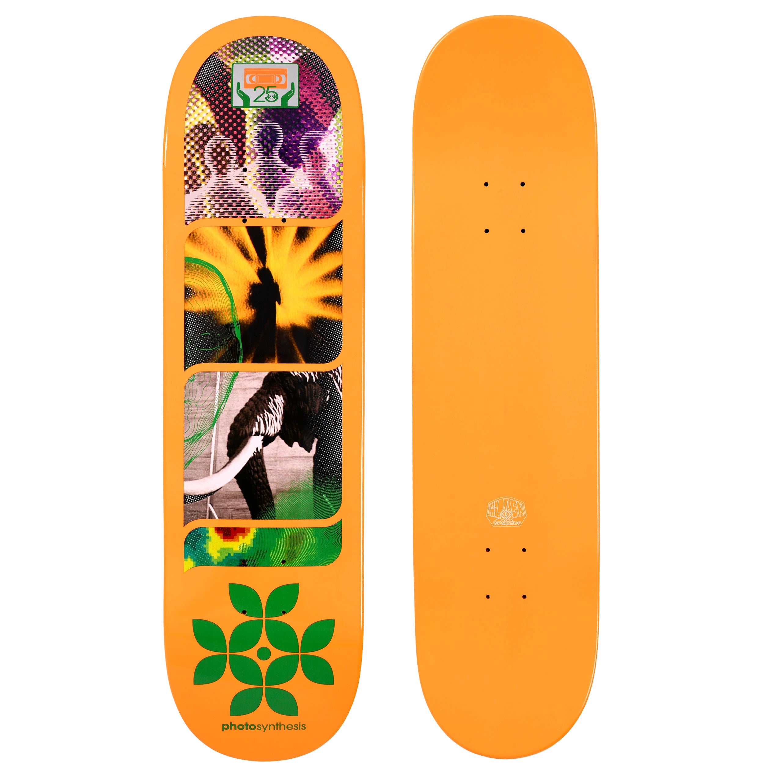 Alien Workshop Photosynthesis skateboard deck: Orange deck with a stack of four rounded panels of collaged halftone photos: ghostly figures, a silhouette against a yellow burst, a mammoth with tusks and a heat-map. A green eight-petal leaf logo sits at the tail.