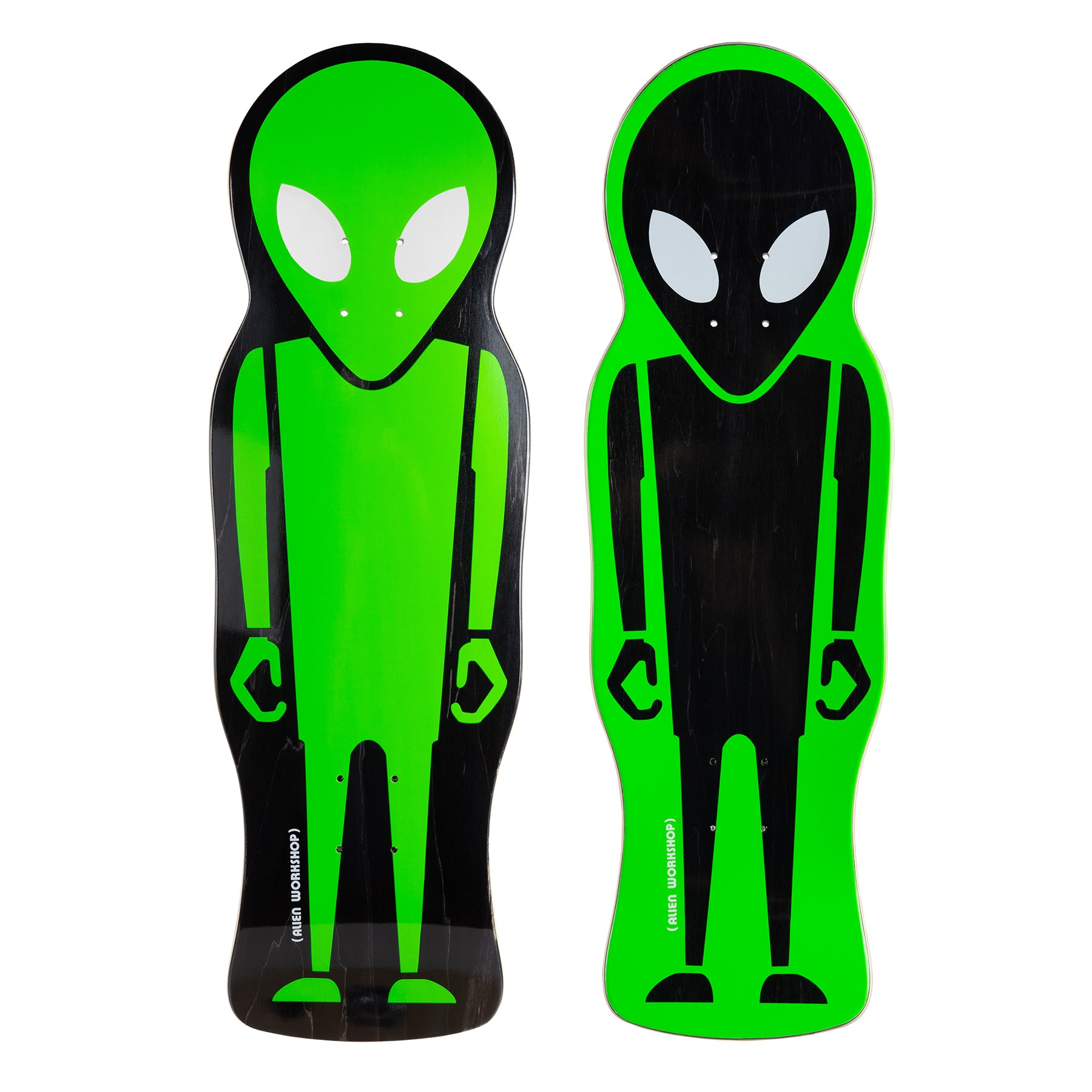 Alien Workshop Soldier Die Cut 9.675 skateboard deck: Two die-cut shaped decks in the outline of a standing alien figure, one a green alien on black and the other a black alien on green, each with large white eyes. Brand name in small print at the tail.