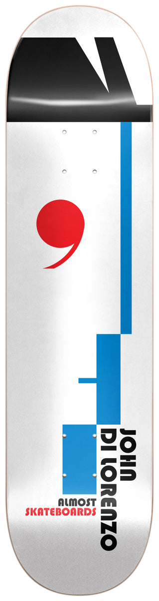 Almost Dilo Bauhaus Impact Pro Light 8.5 skateboard deck: Bauhaus-inspired geometric composition on white: a black shape at the top, blue vertical bars and blocks, and a red comma-like shape at left. Black 'John Di Lorenzo' text and red Almost Skateboards logo sit at the bottom.