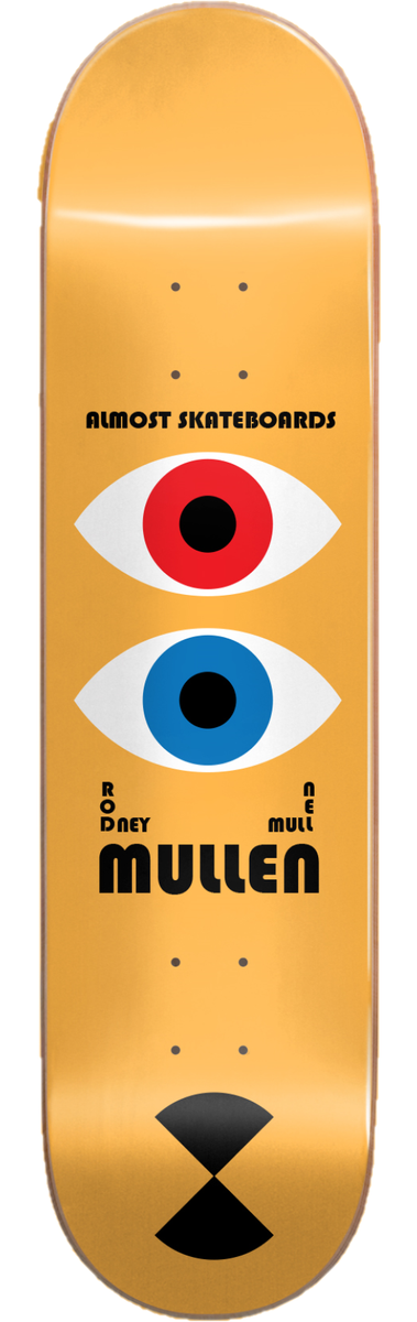 Almost Mullen Bauhaus Impact Pro Light 8.0 skateboard deck: Bauhaus-style poster layout on orange: two stacked eyes, one with a red iris and one with a blue iris, above the name MULLEN in black, with a black hourglass shape at the tail.