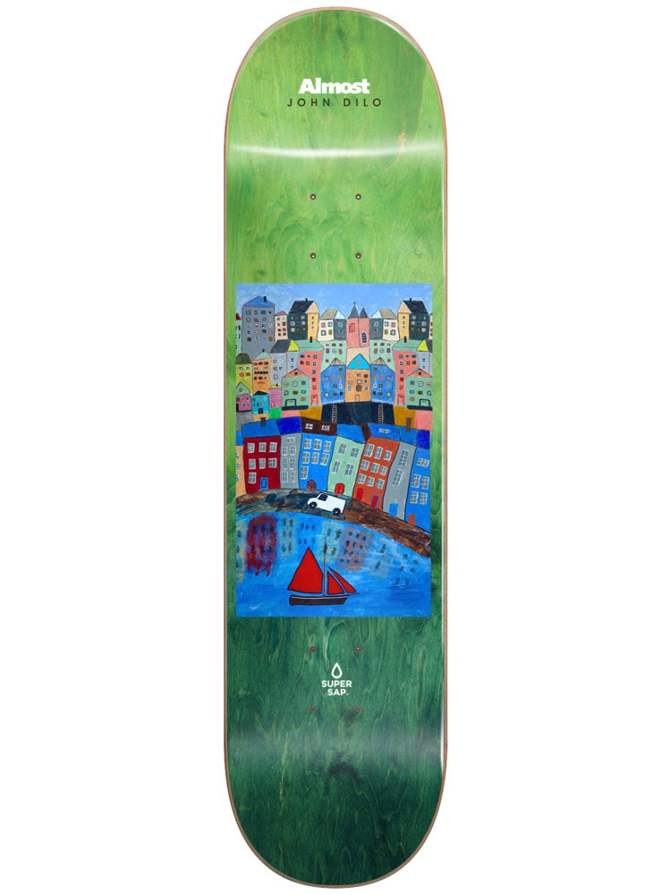 Almost Dilo Places Super Sap R7 skateboard deck: Green stained deck with a naive painting of colourful terraced houses climbing a hillside above a blue harbour, with a red sailing boat and a white van. Almost John Dilo at the top, Super Sap logo at the tail.