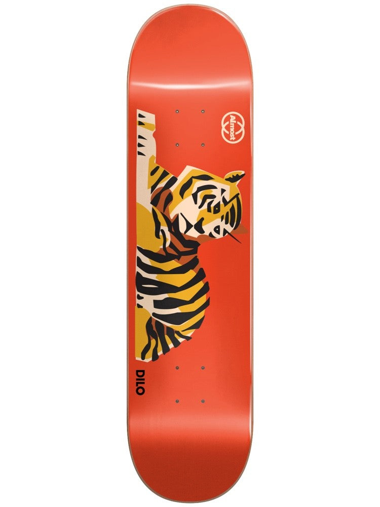 Almost Dilo Tiger King R7 Red 8.5 skateboard deck: Geometric stylised tiger with black stripes in orange, cream and yellow lying on a solid red deck, with the Almost logo near the top and the rider name in black near the bottom.