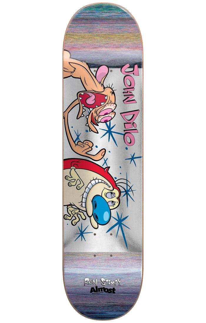 Almost Dilo Ren & Stimpy Fingered R7 8.125 & 8.375 skateboard deck: Cartoon Ren screaming with his hands raised above Stimpy with a blue nose, on a silver foil background with blue sparkles. John Dilo is in pink script, with Ren & Stimpy and Almost logos below.