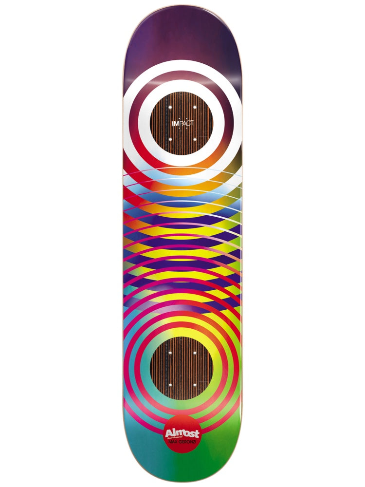 Almost Geronzi Gradient Rings Impact 8.125 skateboard deck: Concentric rings in rainbow gradient colours, with a white-ringed circle near the top and a larger red-ringed one at the bottom, overlapping in a ripple pattern. Exposed wood Impact panels fill the circle centres.