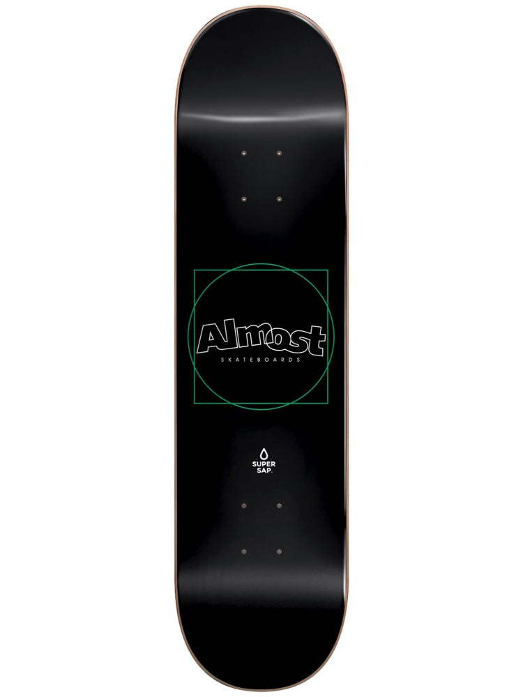 Almost Greener Super Sap R7 8.25 & 8.5 skateboard deck: Plain black deck with a white outlined Almost Skateboards logo inside a thin green circle and square. A small Super Sap droplet badge sits below.