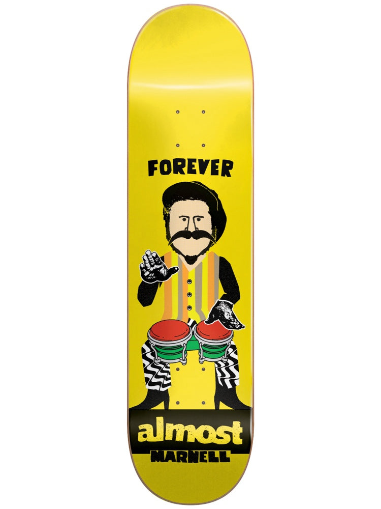 Almost Lewis Forever Dude R7 8.0 skateboard deck: Cartoon of a moustached man in a beret and striped waistcoat playing bongo drums, with black gloved hands and zigzag trousers, on a bright yellow deck.