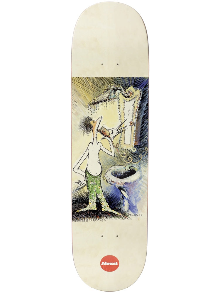 Almost Logo Dr. Seuss Art Series R7 skateboard deck: Dr. Seuss illustration of a thin, wild-haired man in green patterned trousers brushing his teeth beside a sink and mirror, in a rectangular panel on a cream deck, with a red Almost logo below.
