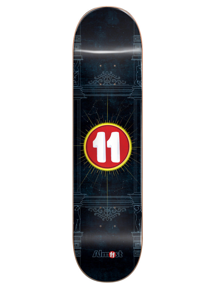 Almost Logo Gronze Collab R7 8.1 skateboard deck: Dark navy deck with faint classical architecture line drawings, ornate flourishes and constellation lines radiating around a red circle with a white number 11 and yellow glow. Almost logo with a red 11 at the bottom.