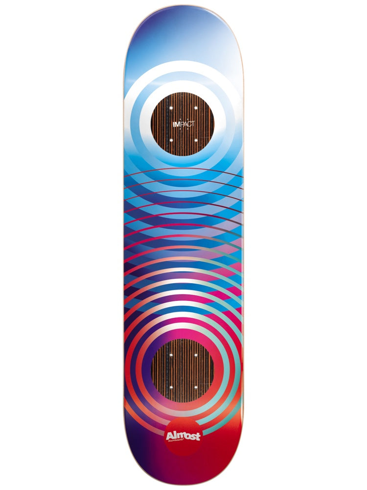 Almost Bowerbank Gradient Rings Impact 8.125 skateboard deck: Concentric rings around the truck holes, with overlapping thin ellipses between them. A gradient runs from blue at the top through pink and magenta to red at the bottom, with exposed wood Impact panels in the ring centres.