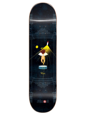 Almost Max Gronze Collab R7 8.25 skateboard deck: Dark navy deck with an ornate architectural frame, and a winged cherub with a halo on a small platform beneath a yellow beam of light, with a rocket above and a yellow moon.