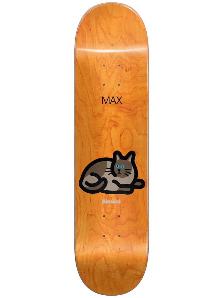 Almost Max Mean Pets Impact Light 8.25 skateboard deck: Orange wood-grain deck with a simple flat icon of a grey and brown cat with blue eyes lying down. MAX is in thin black capitals above it and the Almost logo below.