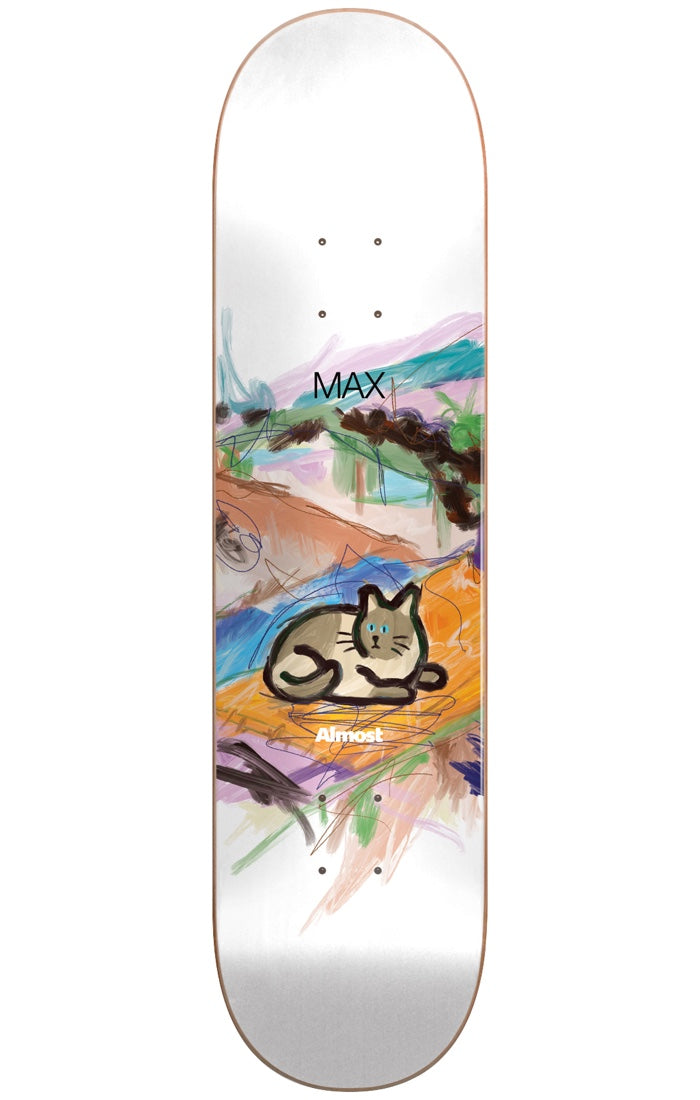 Almost Max Mean Pets Paintings Impact Light 8.25 skateboard deck: Loose painted landscape in coloured scribbles of teal, orange, purple and brown, with a small drawn cat curled up in the middle. Rider name above and Almost logo below, on white.