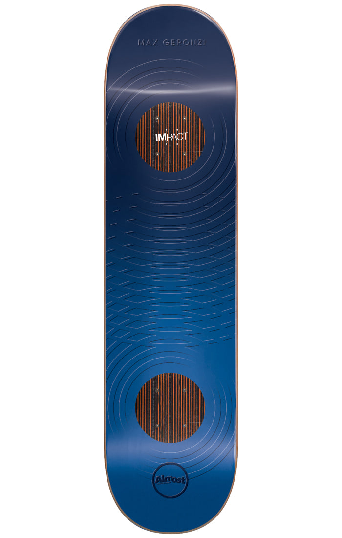 Almost Max Raised Rings Impact 8.0 skateboard deck: A glossy navy blue deck with embossed concentric ripple rings, and two circular wood-grain panels showing the Impact support layer at the nose and tail. The Impact logo is in the upper circle and the Almost logo sits at the bottom.