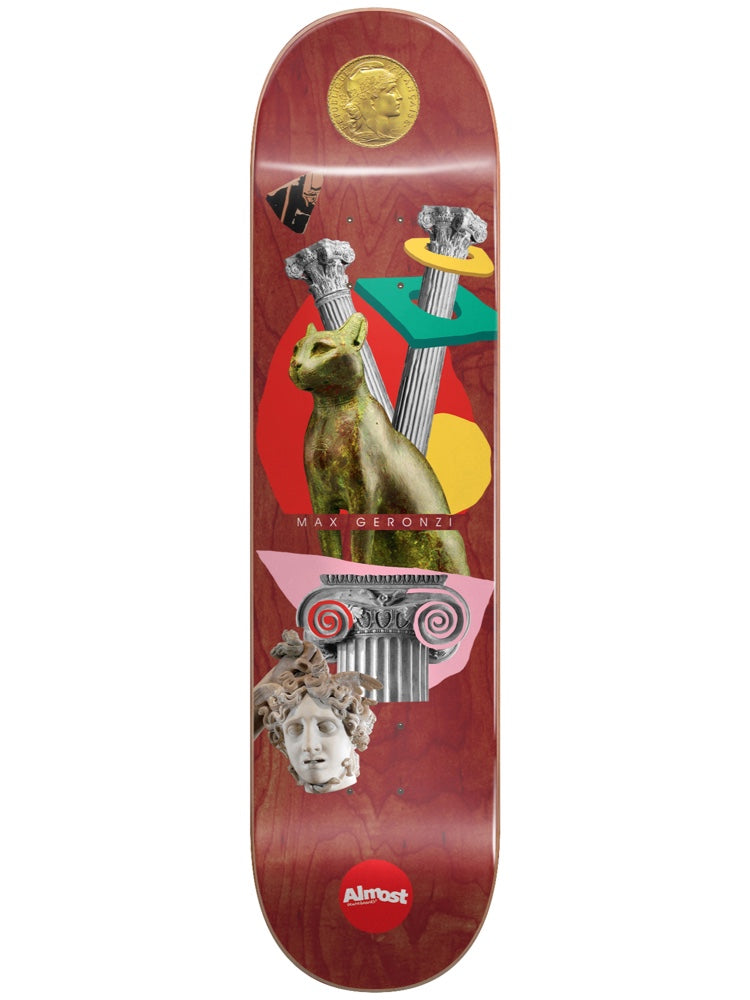 Almost Max Relics R7 Maroon 8.375 skateboard deck: A collage of classical antiquities on a maroon deck: a bronze cat statue, marble columns, a Medusa head sculpture and a gold coin, set against pink, red, yellow and green geometric shapes.