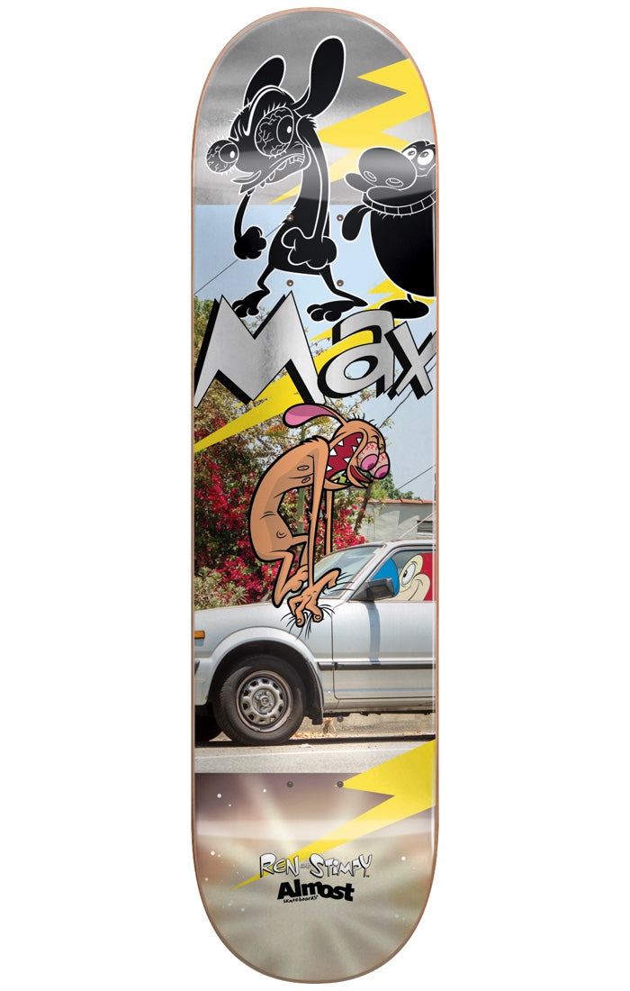 Almost Max Ren & Stimpy Road Rage R7 8.25 & 8.5 skateboard deck: Ren and Stimpy cartoon characters over a photo of a silver car, with Ren crouched on the bonnet, Stimpy at the top and yellow lightning bolts. Max in metallic lettering, with Ren & Stimpy and Almost logos at the tail.