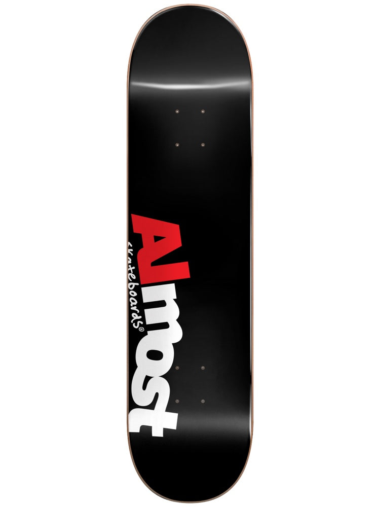 Almost Most HYB 8.25 skateboard deck: Plain glossy black deck with a large Almost logo in chunky letters, the Al in red and most in white, with a small white skateboards script beside it.
