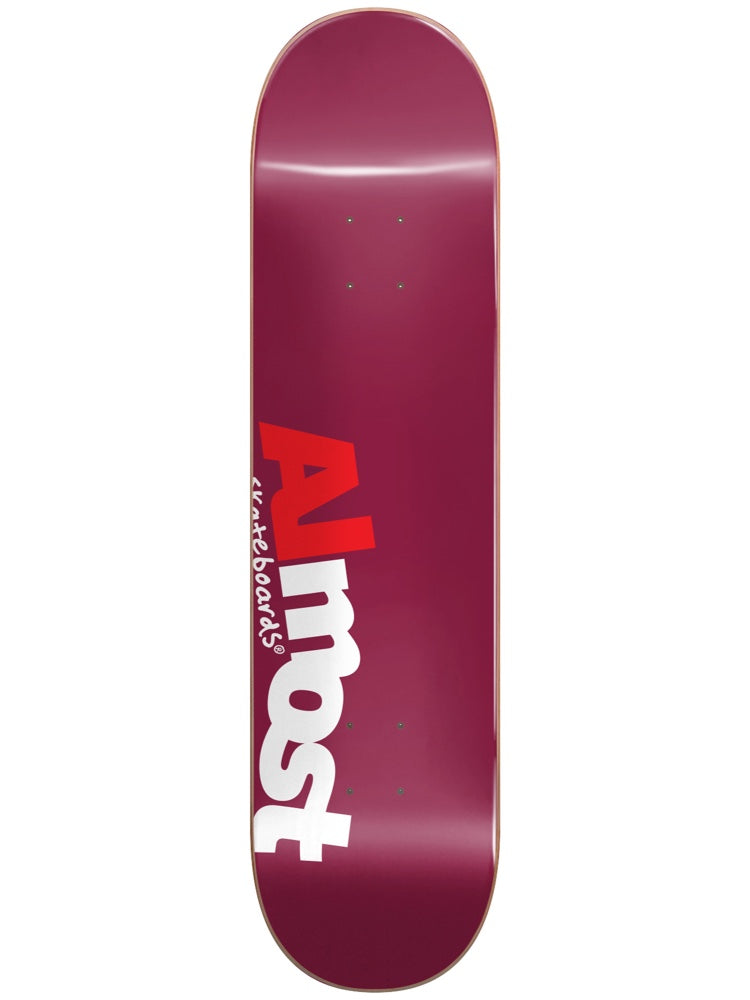 Almost Most HYB 8 skateboard deck: Plain burgundy deck with a large Almost logo in red and white stacked lettering, with 'skateboards' in small script beside it.
