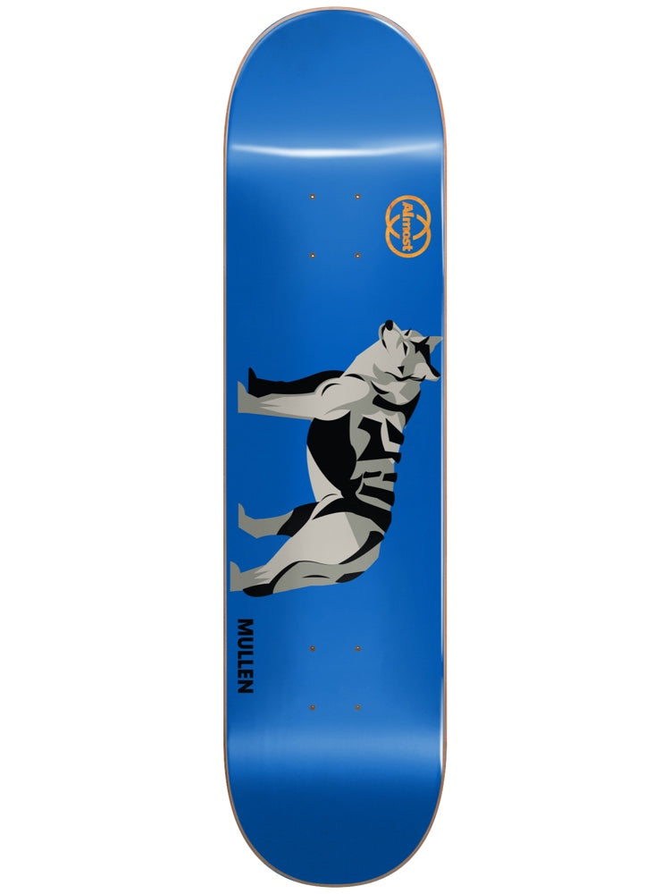 Almost Mullen Animals R7 7.75 skateboard deck: Glossy blue deck with a stylised angular grey and black wolf or husky standing side-on, with small gold Almost emblem near the top and 'Mullen' in small black type at the bottom.