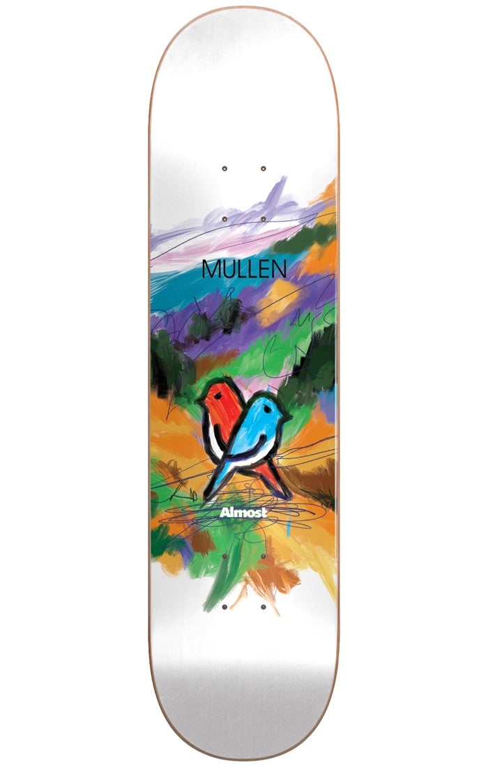Almost Mullen Mean Pets Paintings Impact Light 8.0 skateboard deck: Loose, expressive painting of a red bird and a blue bird perched side by side in front of colourful hills in purple, green and orange, scribbled with dark lines, on a white deck.
