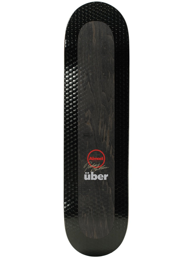 Almost Mullen Uber Black 8.0 R7 skateboard deck: Black deck with a glossy textured bevelled border and a dark wood-grain centre panel carrying a red Almost circle logo, a signature and 'uber' lettering.