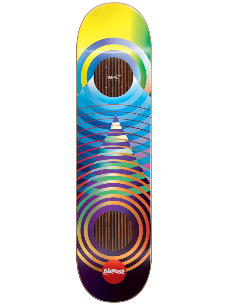 Almost New Pro Gradient Cuts Impact 8.25 skateboard deck: Concentric rainbow-gradient rings and a central triangle in blue, purple, orange and green, with yellow at the top and dark purple at the base. A red Almost logo circle sits at the tail, with Impact labelled on the support panels.