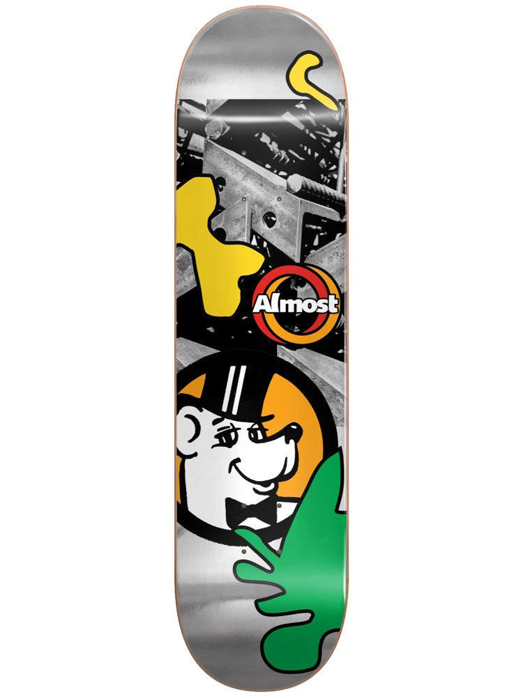Almost New Pro Silver Lining R7 8.0 & 8.25 skateboard deck: A smiling cartoon bear in a bow tie and hat in an orange circle over a black and white photo of metal girders, with yellow and green blob shapes and an Almost logo.