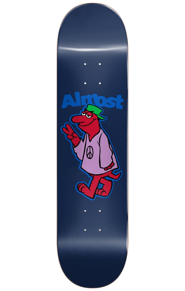 Almost Peace Out BLUE 8.375 skateboard deck: Cartoon red dog-like creature in a green bucket hat and lilac peace-sign shirt, making a peace sign with its hand, beneath blue Almost lettering on a navy deck.