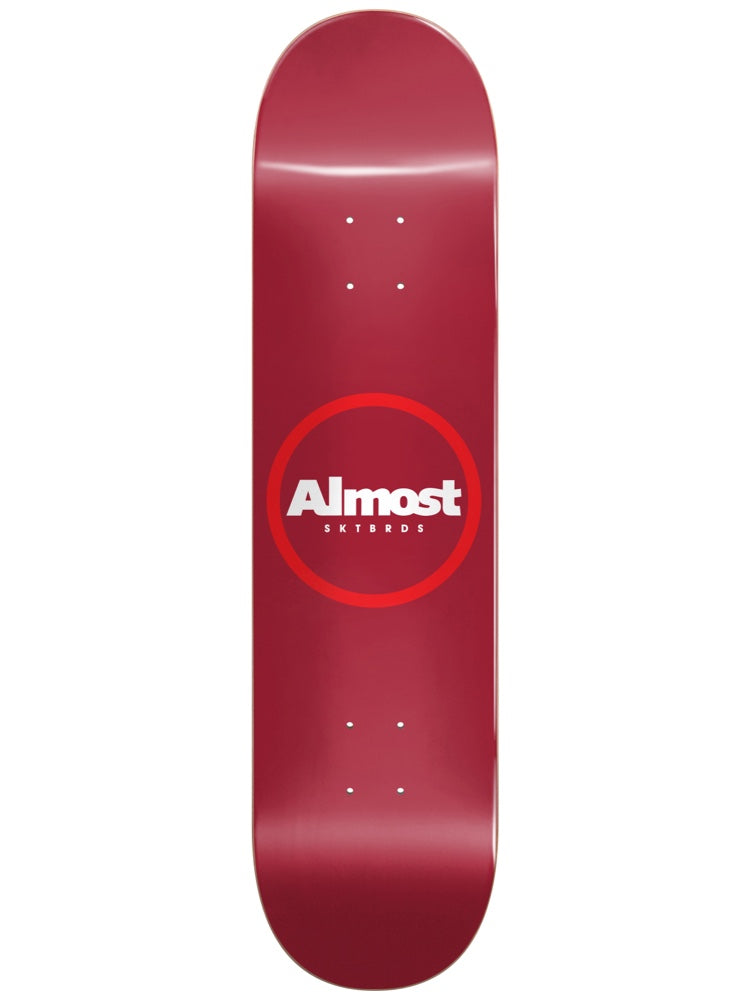 Almost Red Ring Logo 8.25 R7 skateboard deck: Plain deep red deck with the Almost wordmark in white inside a bright red ring, with SKTBRDS beneath.