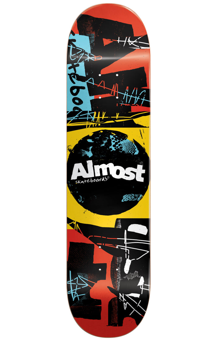 Almost Scum Punk Red 8.0 skateboard deck: An abstract collage of torn paper shapes, scribbled lines and scratchy marks in black, red and yellow, centred on a black circle containing the Almost logo.