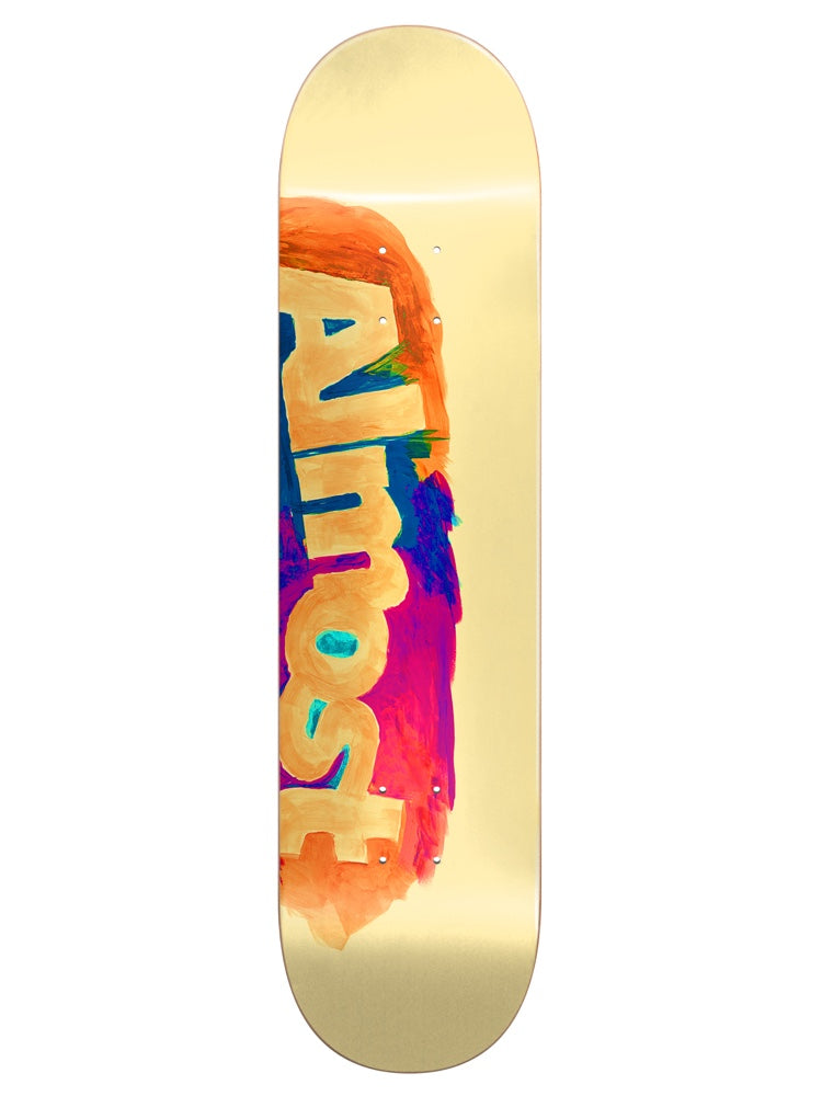 Almost Side Smudge Cream 8.25 skateboard deck: Cream deck with the Almost logo painted in rough, chunky letters sideways across the middle, in peach over loose orange, pink, purple and blue brushstrokes, like a hand-painted smudge.