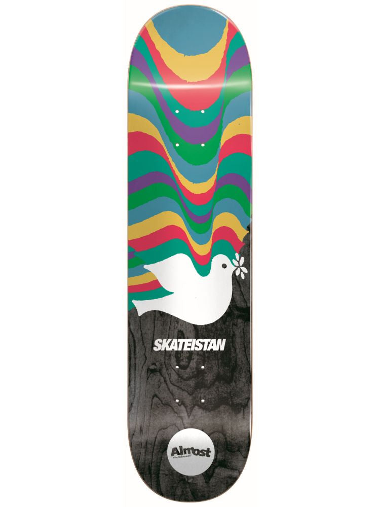 Almost Skateistan Dove R7 skateboard deck: A white dove carrying a flower sits in the middle of the board. Wavy bands of teal, red, yellow, green and purple flow down from the top above a black wood-grain base.