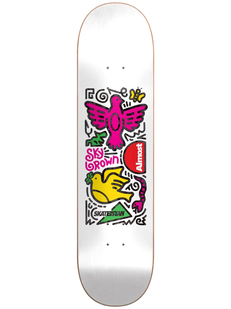 Almost Skateistan Sky Doodle R7 White 8.0 skateboard deck: A cluster of line-drawn doodles in a Keith Haring style: a pink bird, a yellow dove holding a clover, a green leaf, a butterfly, a snake and a red half-sun, on white. The rider's name and Skateistan logo are included.