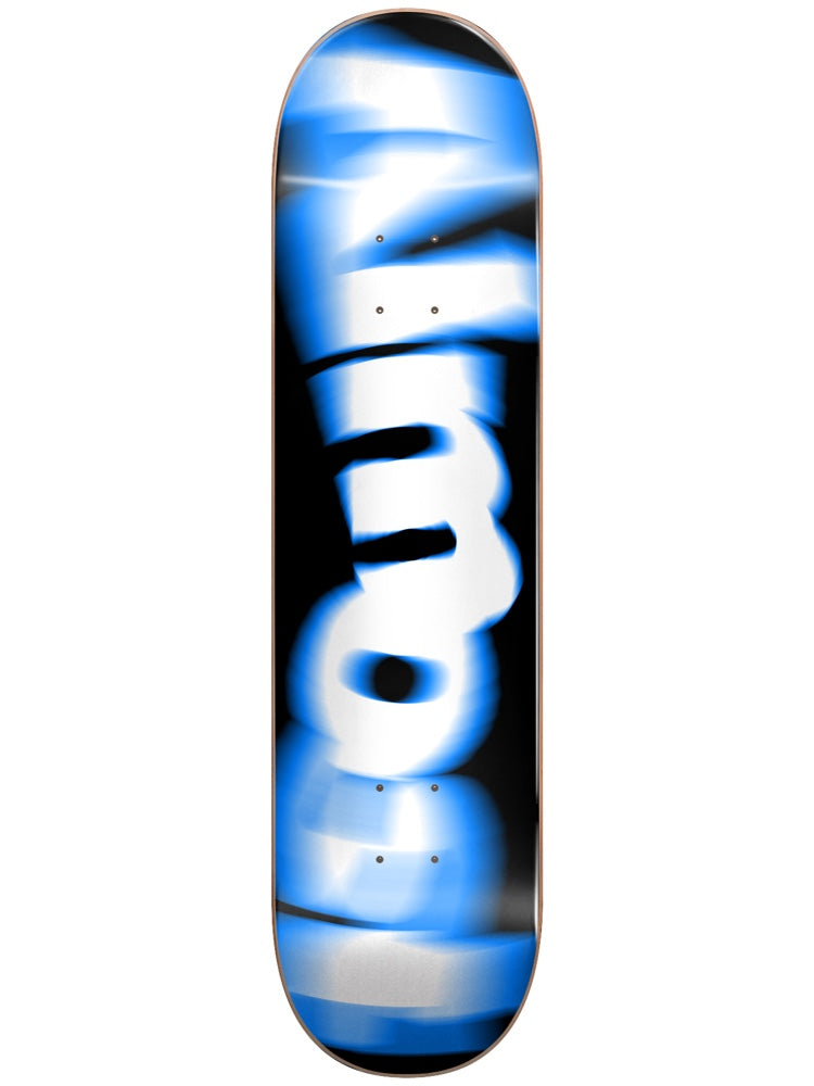 Almost Spin Blur Logo Blue 8.0 skateboard deck: Black deck with the Almost logo in white lettering heavily motion-blurred in a spinning effect, with a bright blue glow smearing around the letters down the length of the board.