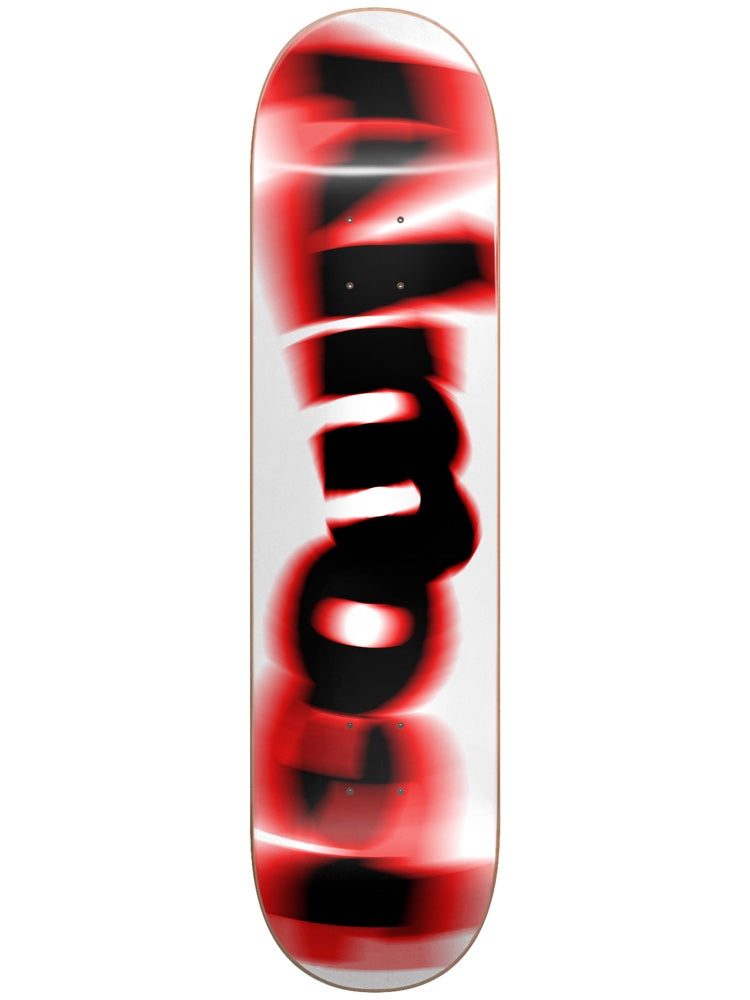 Almost Spin Blur Youth Logo Red 7.375 skateboard deck: The Almost logo in black lettering smeared into a spinning motion blur with red halos, running lengthways down a white deck.