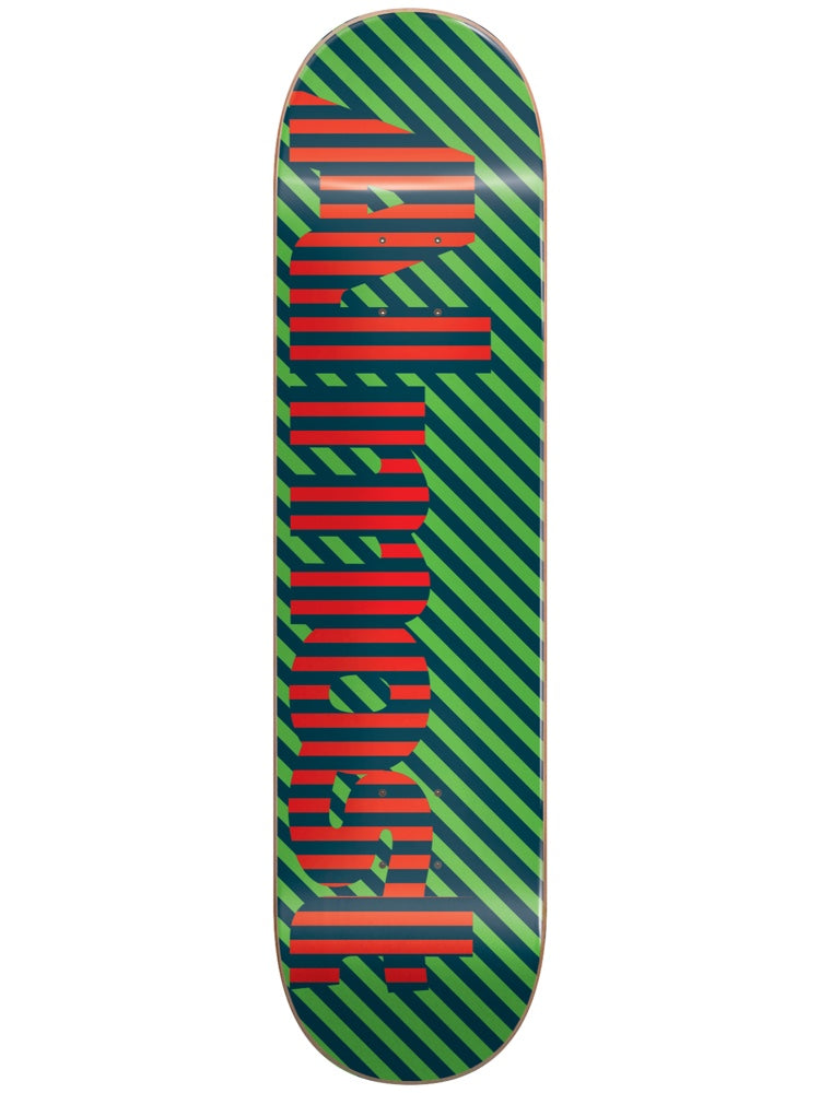 Almost Stripes HYB 7.75 & 8.0 skateboard deck: Chunky Almost logo lettering filled with horizontal red and navy stripes, over a diagonally striped green and navy background.