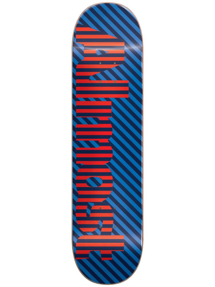 Almost Stripes Yth HYB 7.375 skateboard deck: Blue deck with diagonal navy and blue stripes, overlaid by the almost logo set vertically in large block letters filled with horizontal red and navy stripes.