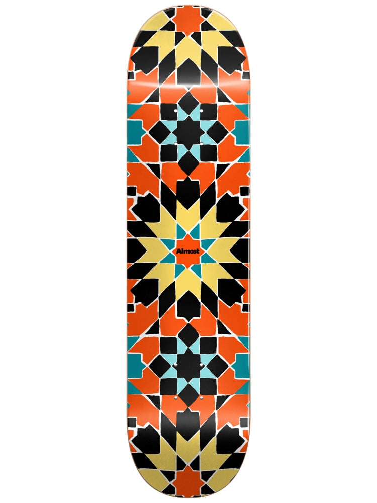Almost Tile Pattern Logo Orange 7.75 skateboard deck: A symmetrical Moorish tile-style pattern of star shapes in orange, black, yellow and teal covers the whole deck. A tiny Almost logo sits in the centre.