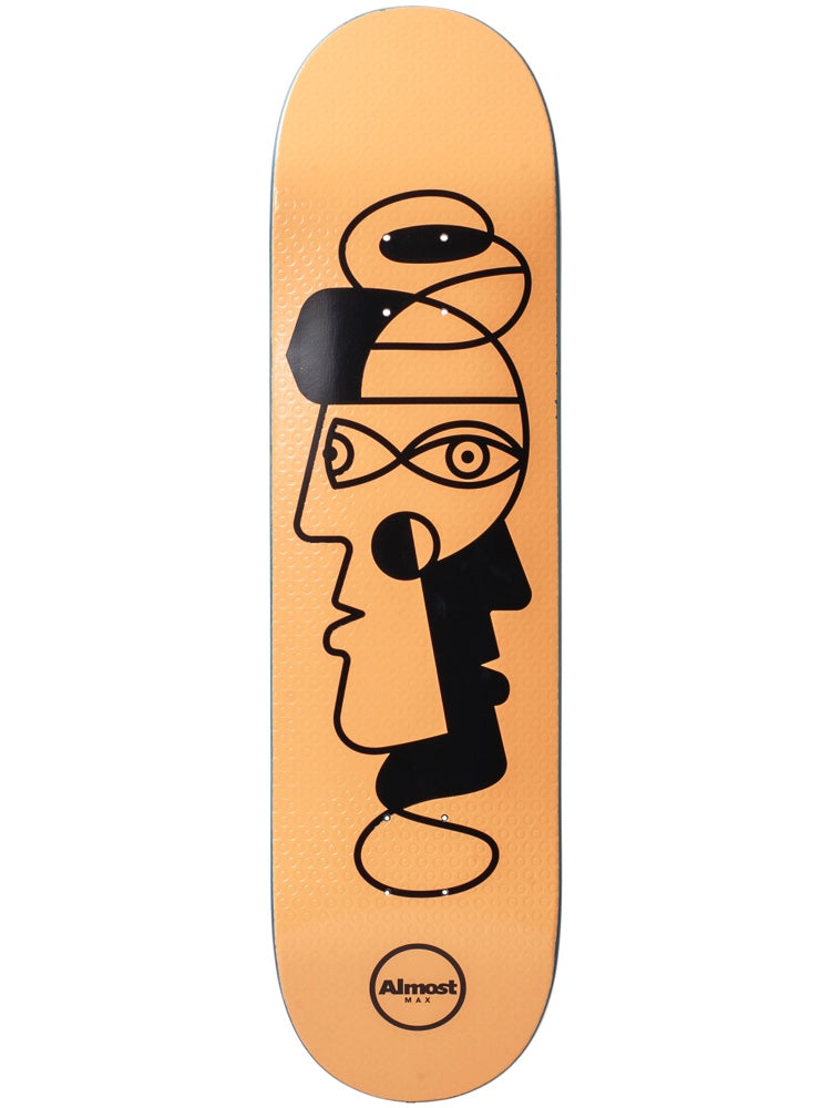 Almost Twisted Max R7 skateboard deck: Peach deck with a black line drawing of two overlapping cubist-style faces in profile, with eyes drawn in the Picasso manner and looping lines above. A round Almost logo sits at the tail.