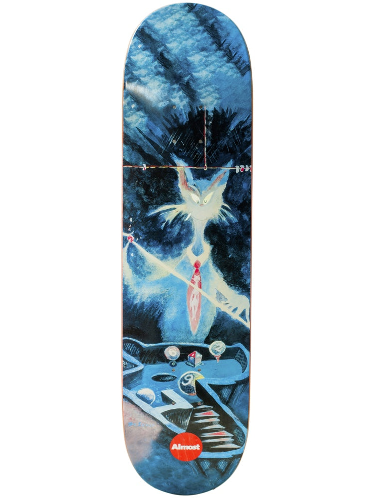 Almost Youness Dr. Seuss Art Series R7 skateboard deck: Painterly blue-toned scene of a tall pale cat-like creature in a red tie holding a long pole, above a stepped platform with a bird and small domed objects. The brand logo sits at the bottom.
