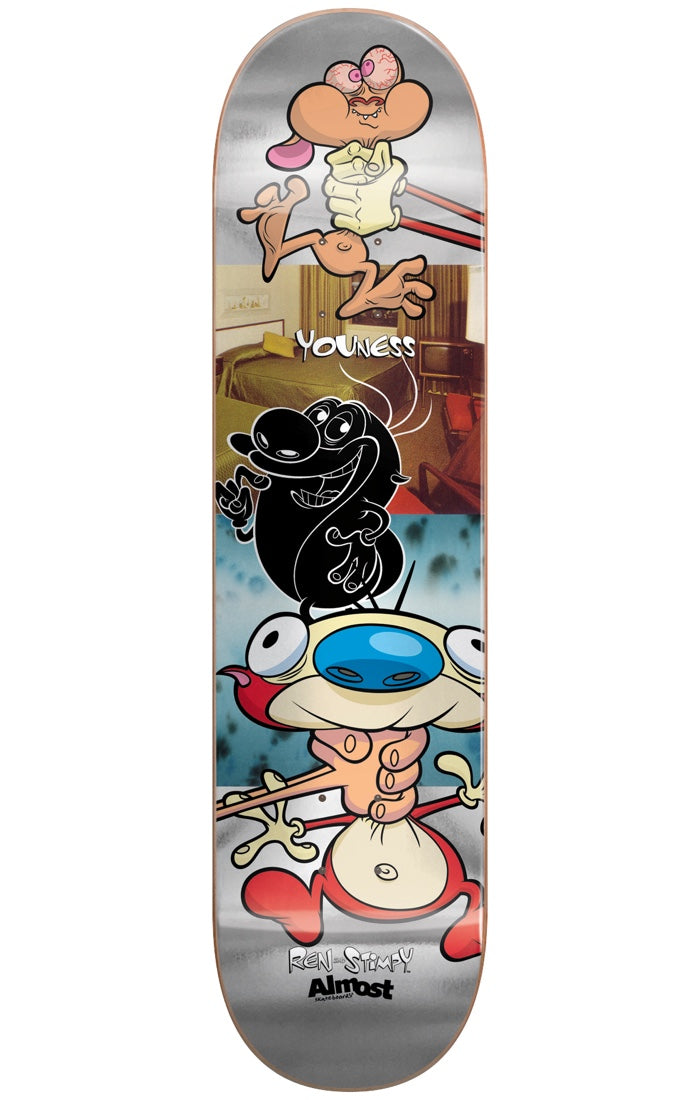 Almost Youness Ren & Stimpy Room Mate R7 8.0 & 8.25 skateboard deck: Cartoon Ren and Stimpy characters stacked in a vertical collage over photographic panels of a hotel room and blue textures, with a silhouetted black Ren in the middle. The rider's name is lettered across the centre on a silver metallic background.