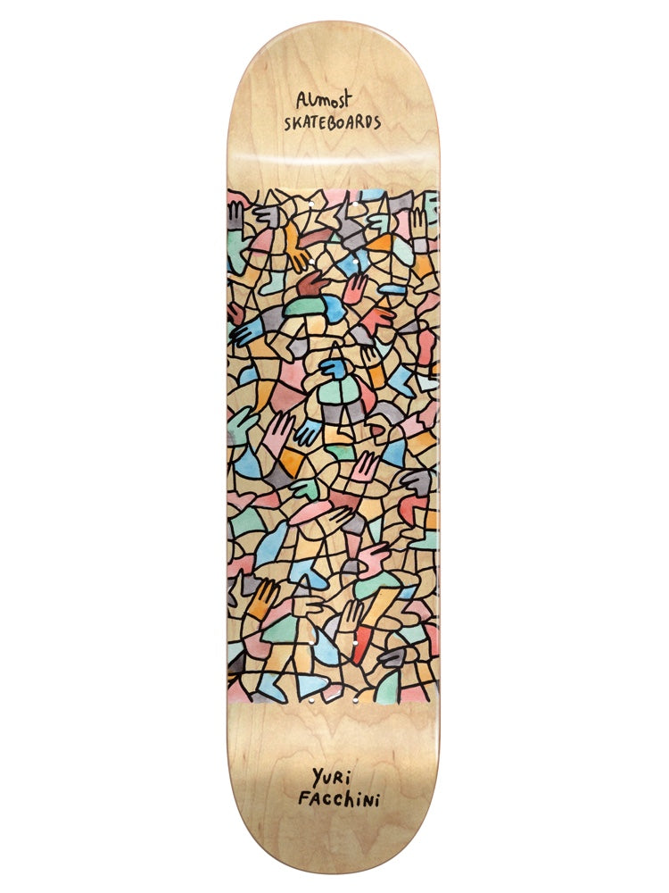 Almost Yuri Lucas Beaufort Guys 8.5 Impact Light skateboard deck: A stained-glass style mosaic of tangled hands and figures in pastel teal, pink, orange and blue, outlined in thick black lines, on a natural wood deck. Handwritten brand name at the top and rider name at the bottom.